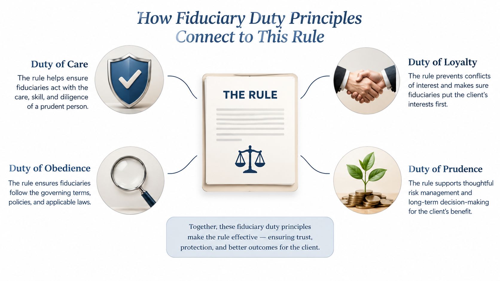 An infographic showing how four fiduciary duty principles connect to a rule for client protection and trust.