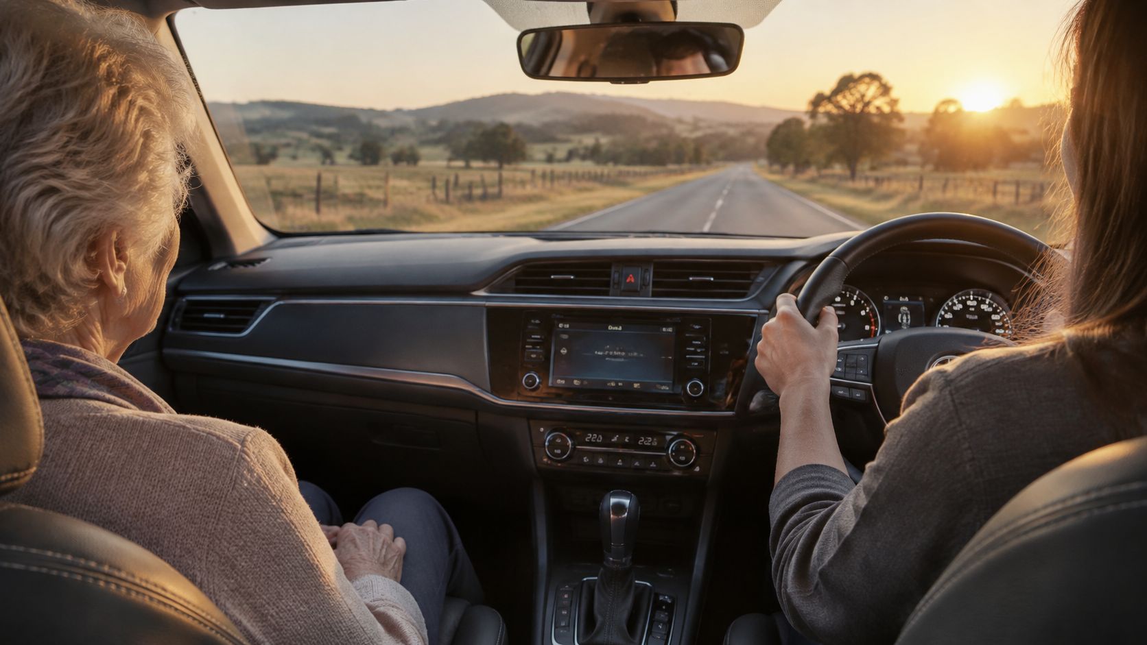 An elderly woman sitting in the passenger seat of a car while a woman drives at sunset.