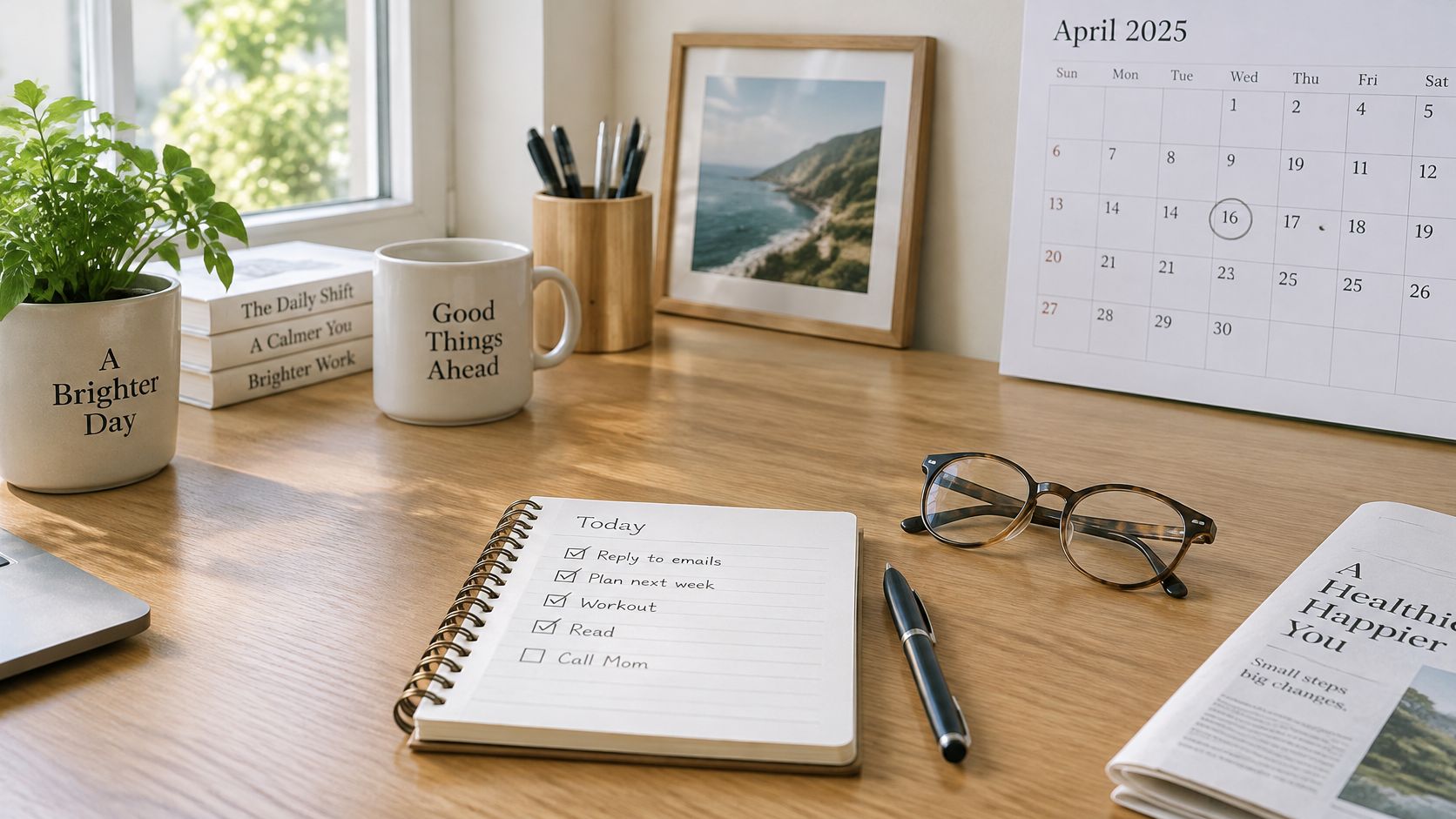 A clean desk workspace with a notebook, pen, glasses, calendar, and coffee mug, promoting a productive daily routine.