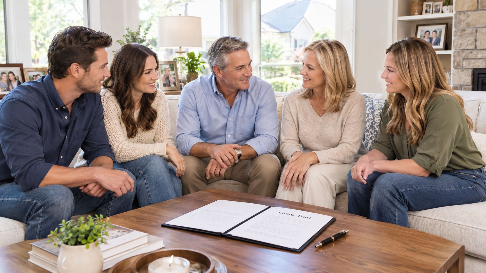 A family of four sits on a couch in a living room discussing estate planning documents.